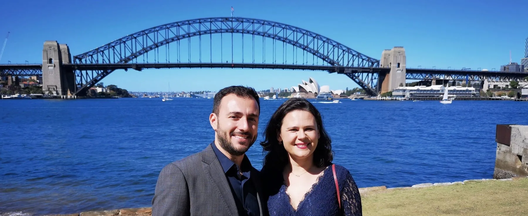 Bruno and Helô Moulin in Sydney, the Harbour Bridge and Opera House behind them