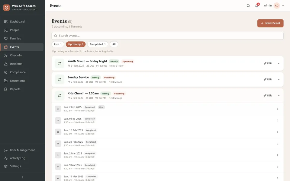 Events screen: recurring event series grouped with live attendance rosters.