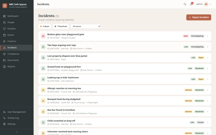 Incident list with type, severity, and investigation status for each report.